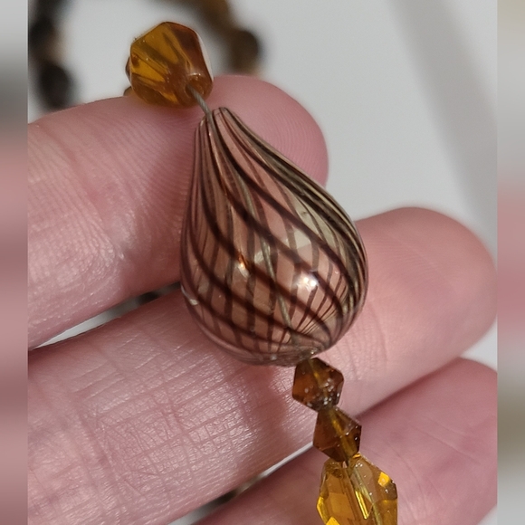 Vintage 80's Murano Glass Stripe & Tigers Eye Gemstones Czech Amber Necklace Vtg - Picture 14 of 16